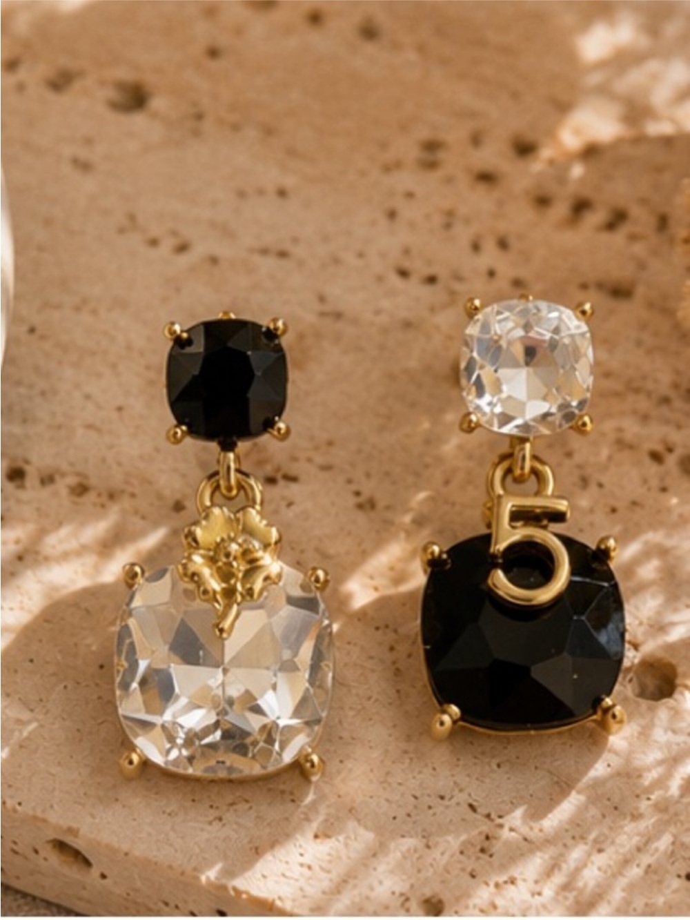 Designer Inspired Black & Clear Crystal Drop Earrings